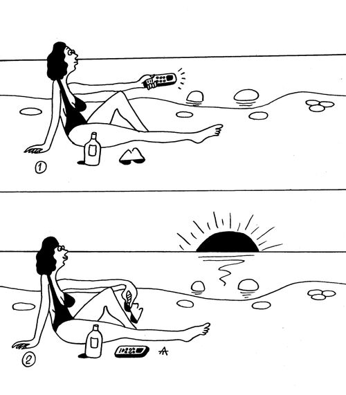 Woman uses a remote control to turn on the sunset.