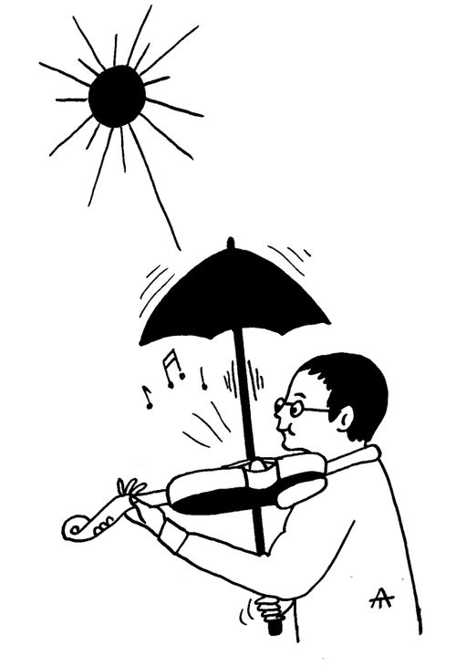 Violinist playing his violin with an umbrella