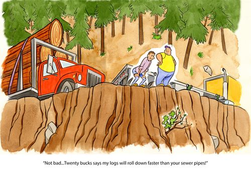 "Not bad...Twenty bucks says my logs will roll down faster than your sewer pipes!"