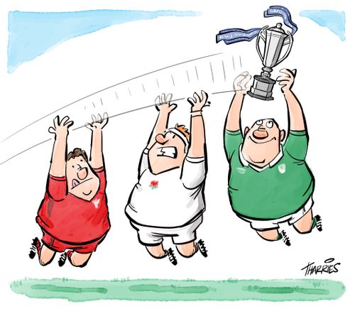 Rugby players catching trophy