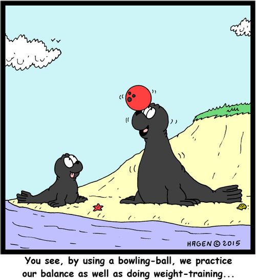 "You see, by using a bowling-ball, we practice our balance as well as doing weight-training..."