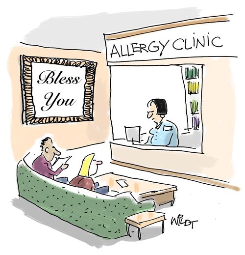 Allergy Clinic. Sign on wall says bless you.