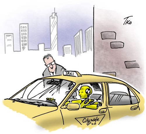 Man who has hailed a taxi finds the driver is a crash test dummy.
