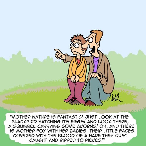 "Mother Nature is fantastic....and there is Mother Fox with her babies, their little faces covered with the blood of a hare they just caught and ripped to pieces!"