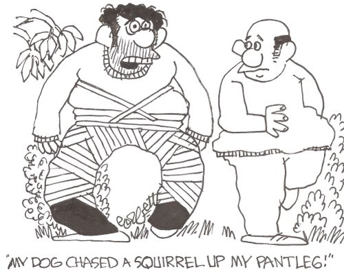 "My dog chased a squirrel up my pantleg!"