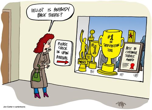 Customer can't find anybody in customer service window which has customer service awards.
