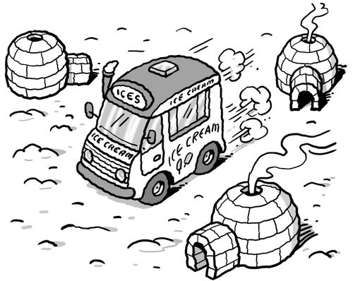 An ice cream van surrounded by igloos
