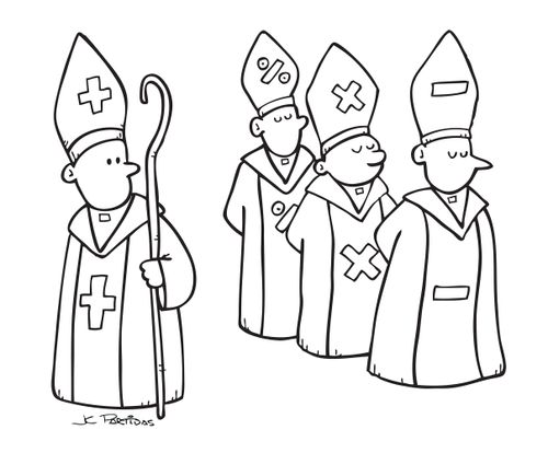A Bishop sees other Bishops with math signs on their robes. 