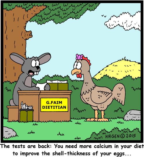 "The tests are back: You need more calcium in your diet to improve the shell-thickness of your eggs..."