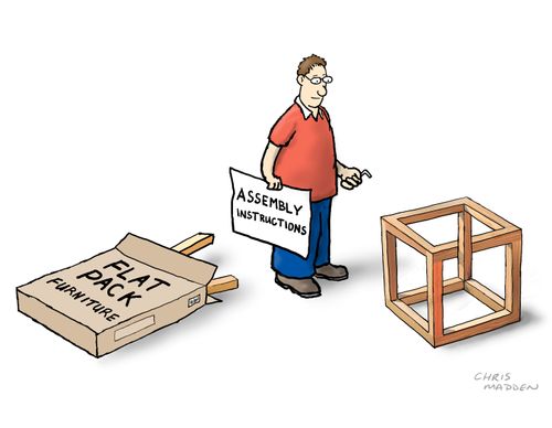 Flat-pack furniture assembly creating 3D illusion
