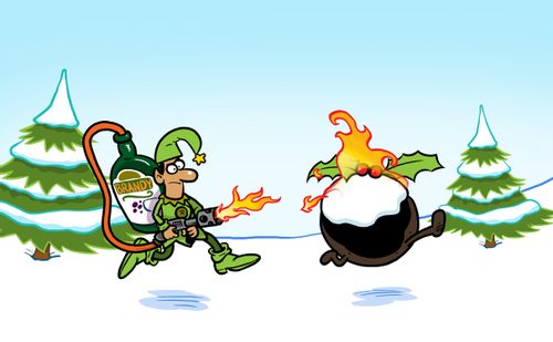 Flame throwing Elf chasing wild Christmas Pudding