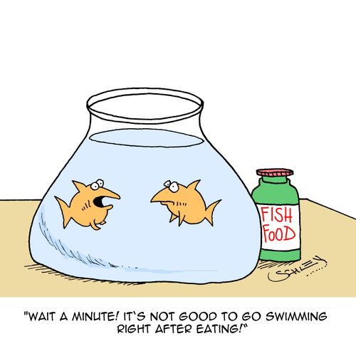 "Wait a minute! It's not good to go swimming right after eating!"
