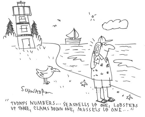 "Today's numbers. . . seashells up one, lobsters up three, claims down one, mussels up one . . ."