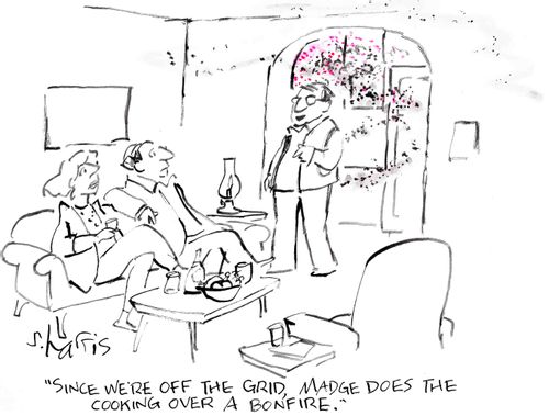 "Since we're off the grid, Madge does the cooking over a bonfire."