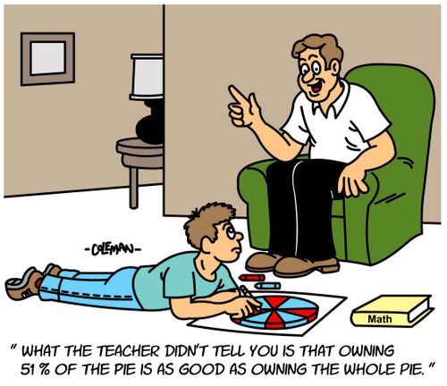 "What the teacher didn't tell you is that owning 51% of the pie is as goo as owning the whole pie."
