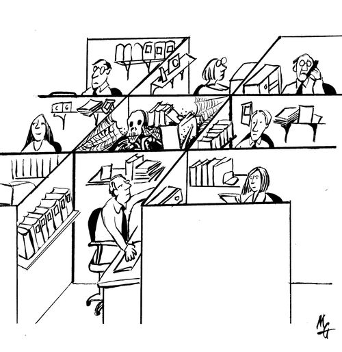 Dead office worker in the middle cubicle.