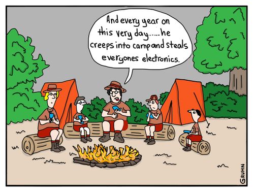 "And every year on this very day...he creeps into camp and steals everyones electronics."
