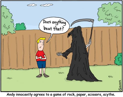 Andy innocently agress to a game of rock paper, scissors, scythe. 