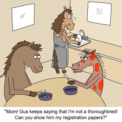 "Mom! Gus keeps saying that I'm not a thoroughbred! Can you show him my registration papers?"