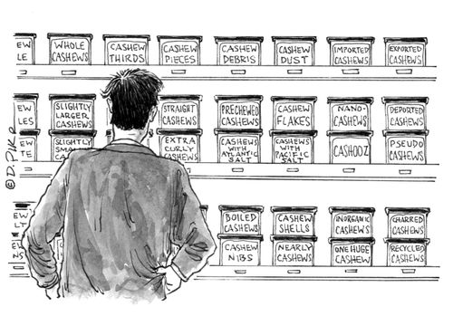 Man trying to decide from way too many cashew options.