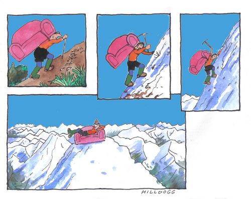 Climber takes a sofa up the mountain.