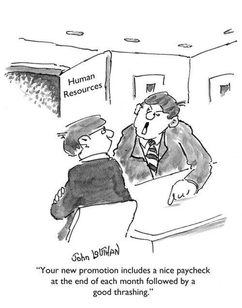 "Your new promotion includes a nice paycheck at the end of each month followed by a good thrashing."