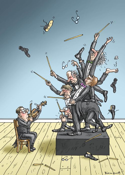 A single violinist with a stage full of conductors.