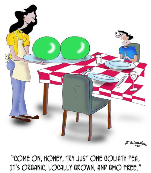"Come on, honey, try just one Goliath pea. It's organic, locally grown, and GMO free." 