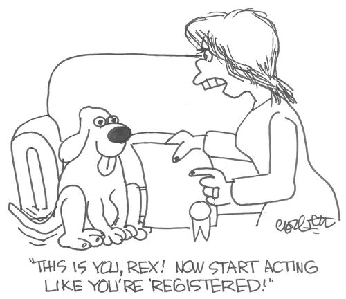Woman to dog: 'This is you, Rex!  Now start acting like you're registered!'
