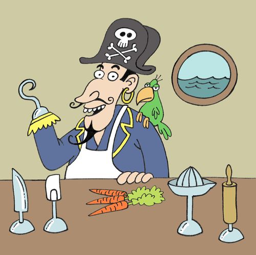 Pirate Captain, with his hook accessories, in his kitchen.