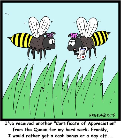 "I've received another 'Certificate of Appreciation' from the Queen for my hard work: Frankly, I would rather get a cash bonus or a day off..."