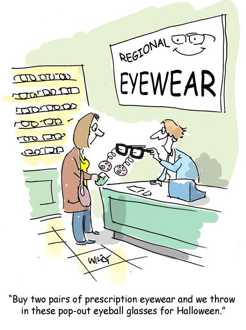 "Buy two pairs of prescription eyewear and we throw  in these pop-out eyeball glasses for Halloween."