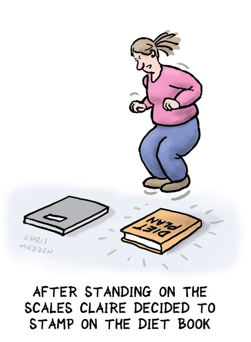 After standing on the scales Claire decided to stamp on the diet book.