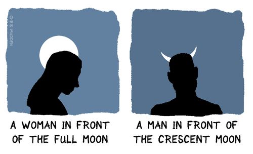 A woman in front of the full moon and a man in front of the moon.