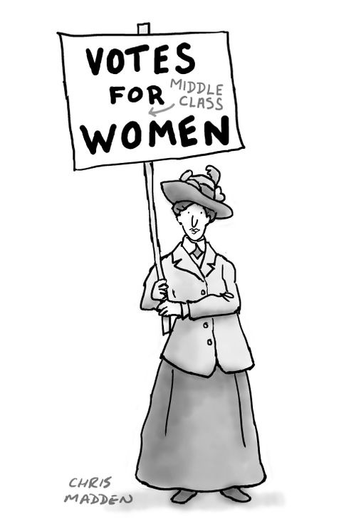 Suffragette with banner demanding "Votes for (middle class) women".