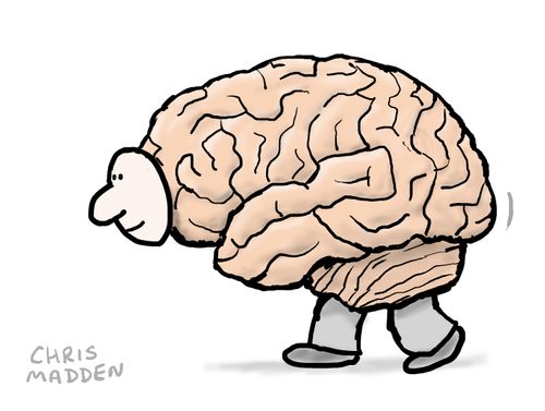 A walking brain, with legs, and a head (or is it a mask?)