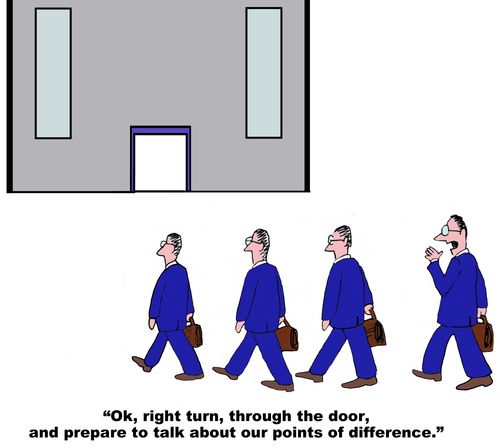 "Ok, right turn, through the door, and prepare to talk about our points of difference."