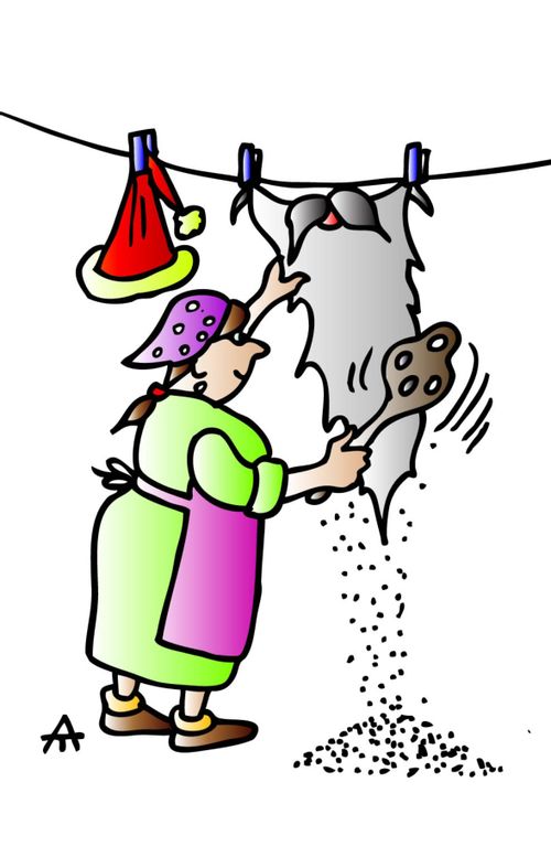 Santa Claus's wife beats the soot out of his beard.