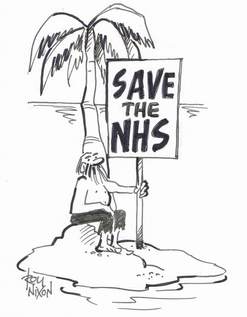 Man on island holding notice - Save the NHS