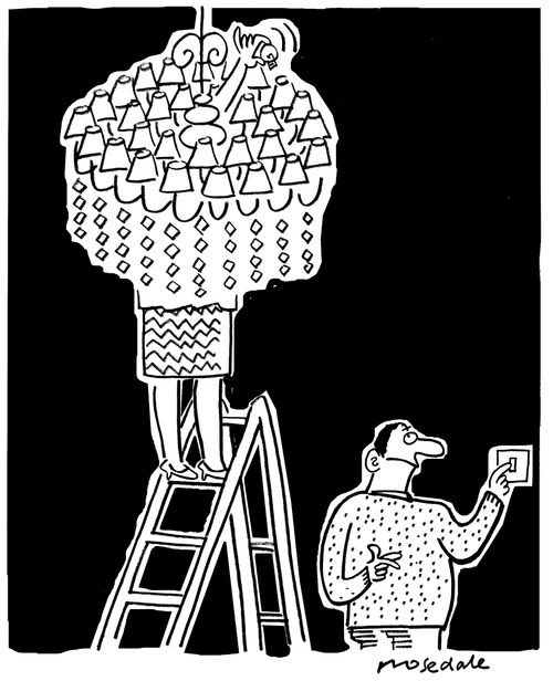 couple replacing lightbulb in chandelier.