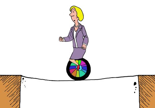 Business cartoon of businesswoman riding unicycle on a tightrope.