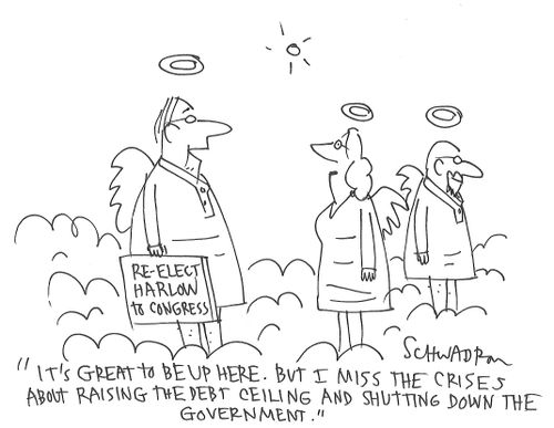 "It's great to be up here. But I miss the crises about raising the debt ceiling and shutting down the government."