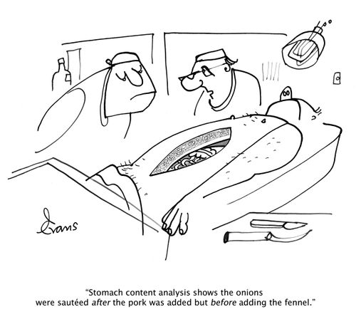 "Stomach content analysis shows the onions were sauteed after the pork was added but before adding the fennel."