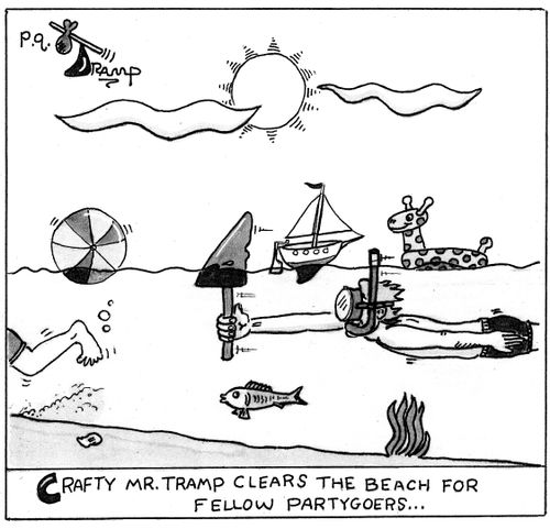Crafty MR. Tramp clears the beach for fellow partygoers...