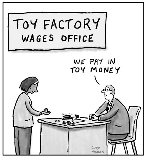 Toy factory in the developing world paying wages in toy money.