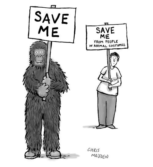 A protester in an animal suit, and another protester protesting about people in animal suits.