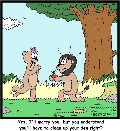 "Yes, I'll marry you, but you understand you'll have to clean up your den right?"