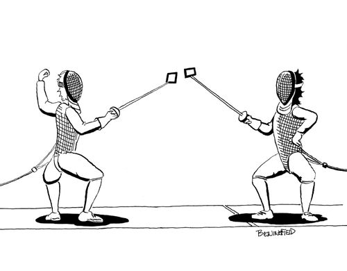 Two fencers using selfie sticks as foils