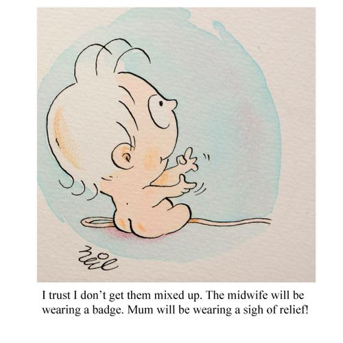 "I trust I don't get them mixed up. The midwife will be weraing a badge. Mum will be wearing a sigh of relief."
