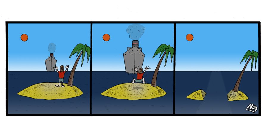 Castaway stranded on a desert island gets run down by a ship